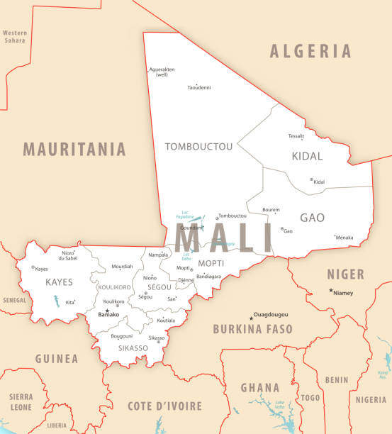 illustrations, cliparts, dessins animés et icônes de carte détaillée du mali avec les régions et les villes du pays. - mali