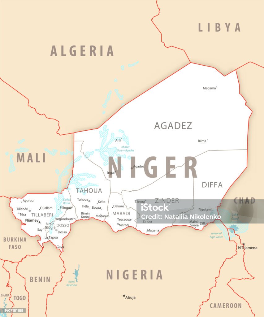 Niger Detaillierte Karte Mit Regionen Und Städten Des Landes Stock
