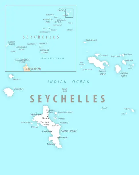 Vector illustration of Seychelles detailed map with regions and cities of the country.