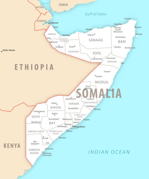 illustrazioni stock, clip art, cartoni animati e icone di tendenza di mappa dettagliata della somalia con regioni e città del paese. - somalian culture
