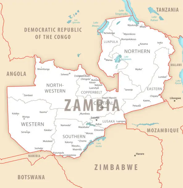 Vector illustration of Zambia detailed map with regions and cities of the country.