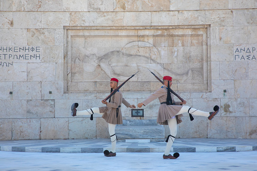 Athens - Greece, July 4, 2022, Greece Syntagma Square\n changing of the guard in front of the monument to the unknown