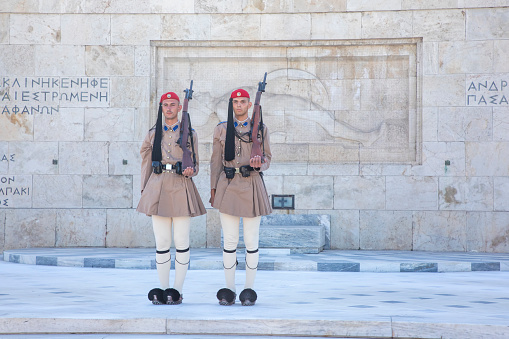 July 4, 2022, Greece Syntagma Square changing of the guard in front of the monument to the unknown. Presidential guard in traditional uniform are marching in front of Tomb of Unknown Soldier in city