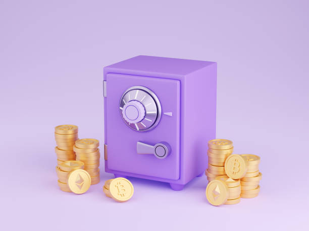istock Safe box with crypto currency money 3d render - closed purple strongbox surrounded by gold bitcoin and ethereum. 1407182975