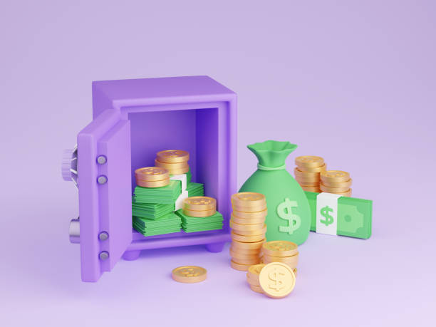 cassetta di sicurezza con denaro 3d render - cassaforte viola aperta piena e circondata da pile di monete d'oro e contanti di carta. - coin bank cash box safety deposit box lock foto e immagini stock