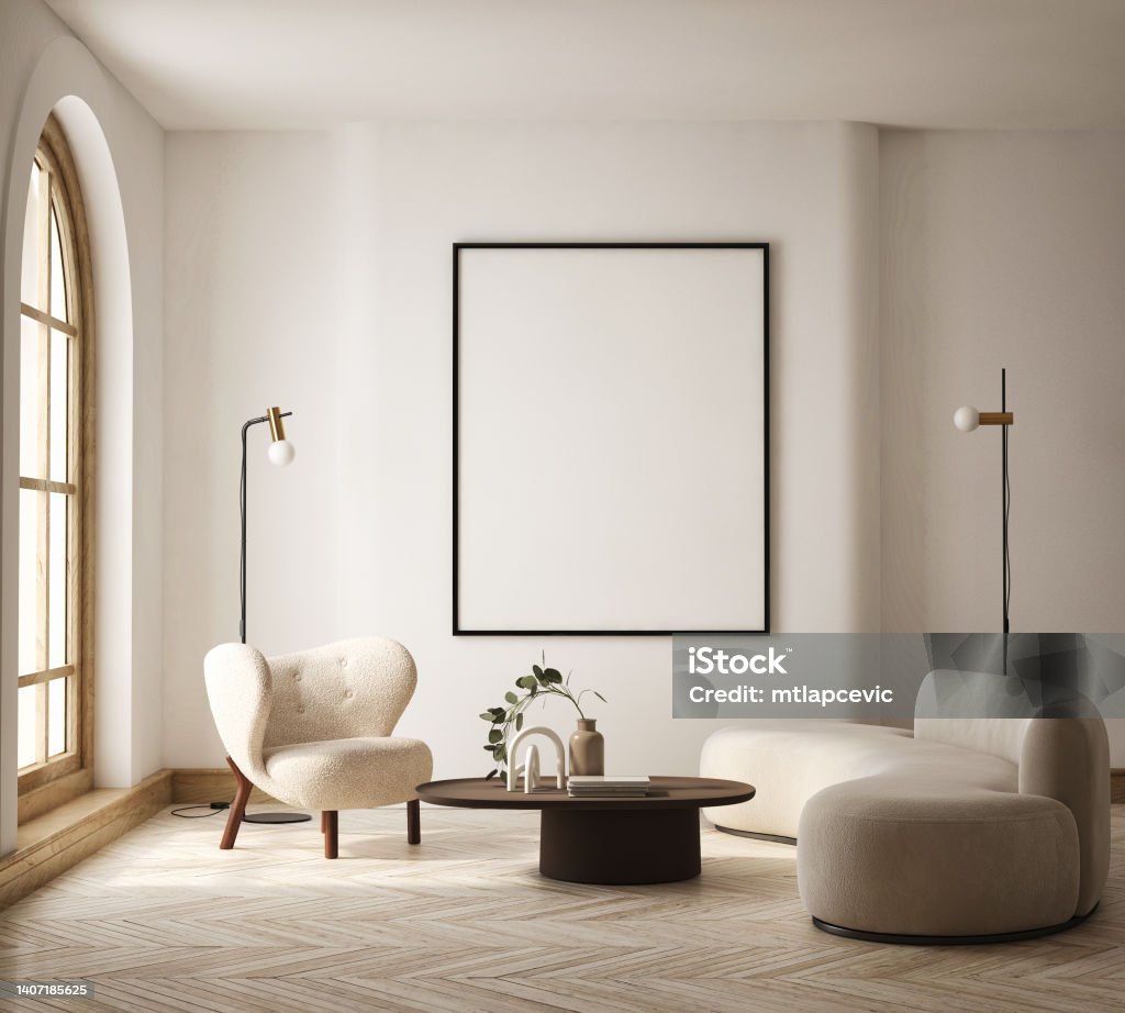 mock up poster frame in modern interior background, living room, Scandinavian style, 3D render, 3D illustration Modern Stock Photo