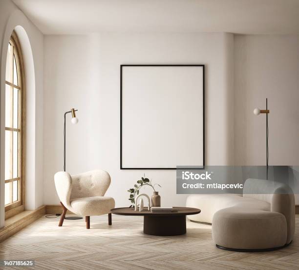 Mock Up Poster Frame In Modern Interior Background Living Room Scandinavian Style 3d Render 3d Illustration Stock Photo - Download Image Now