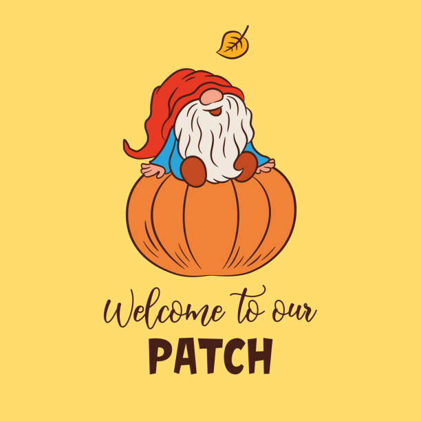 Welcome to our patch fall thanksgiving design with cute gnome. Welcome to our patch fall thanksgiving design with cute gnome. Little gnome sitting on a big pumpkin adorable vector illustration witn text. free thanksgiving pic stock illustrations