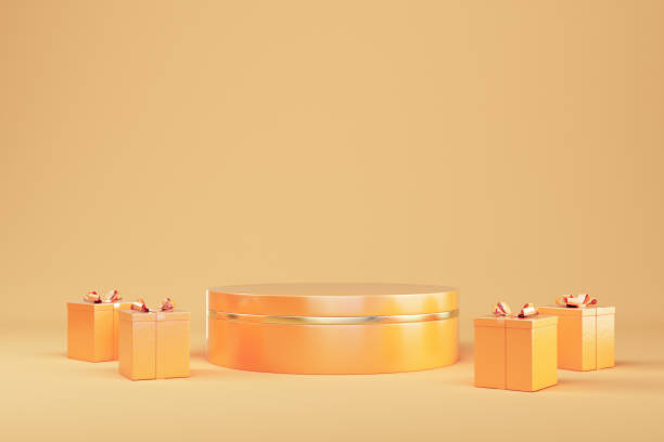 istock Abstract minimal background. Orange cylindrical pedestal with present boxes for product display 1407188254