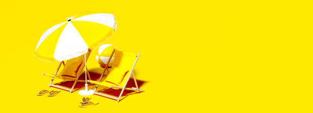 istock Two beach chairs with umbrella on vibrant yellow summer background 1407189151