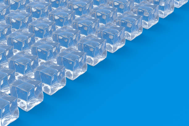 istock Rows of ice cubes on blue background. Cold beverages. Refreshing drinks ingredients. Copy space. 3d render 1407190547