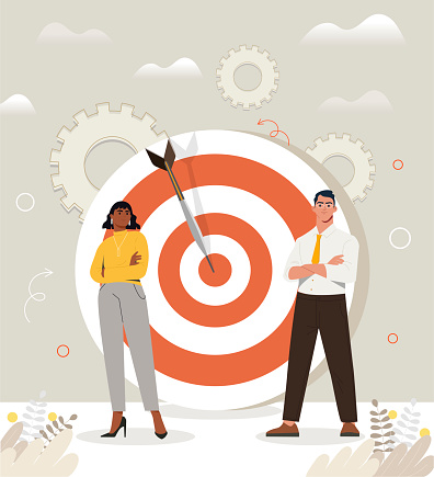 Target achievement concept. Goal setting, leadership and motivation. Team working on development of company, partners are looking for ways to increase income. Cartoon flat vector illustration