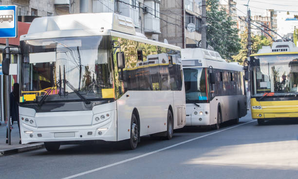 istock City shuttle buses at a stop on the street 1407191994