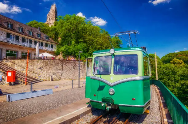 Electric railcar of the Drachenfels Railway (Drachenfelsbahn), a rack railway line in the state of North Rhine-Westphalia region of Germany, that connects Königswinter, on the Rhine with the summit of the Drachenfels mountain