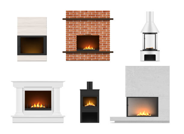 bildbanksillustrationer, clip art samt tecknat material och ikoner med home fireplaces vintage and modern style realistic set vector burning fire interior chimney - spiselhylla