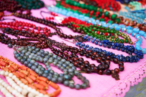 istock Street stall with handmade beads. Open air market 1407194864