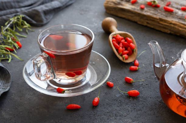 istock Cup of herbal goji berry tea with fresh goji berries on rustic table 1407195076