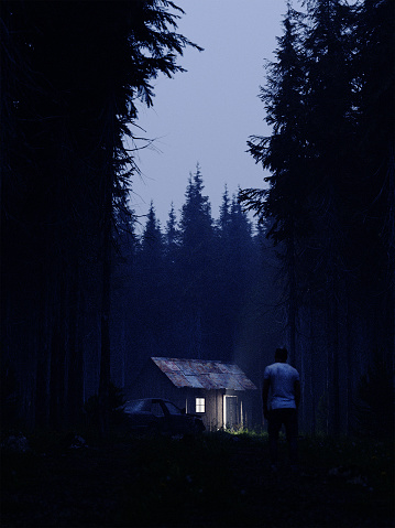 A man standing in front of a mysteriously illuminated house in the forest at night. All items in the scene are 3D