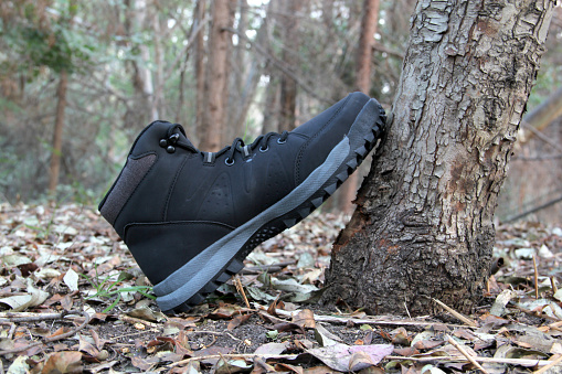 Black boots in the dark forest between trees ready for hiking