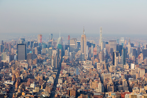 Midtown and Lower Manhattan skyline elevated view, New York City, USA.