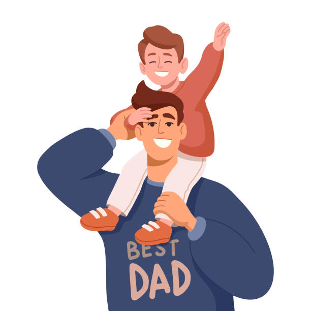 Drawing of happy dad with son sitting on his shoulders in cartoon style for print and design. Vector illustration. Drawing of happy dad with son sitting on his shoulders in cartoon style for print and design. Vector clipart. funny fathers day stock illustrations
