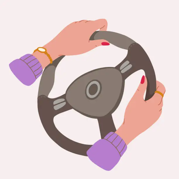 Vector illustration of Female hands on steering wheel in flat style for print and design. Vector illustration.