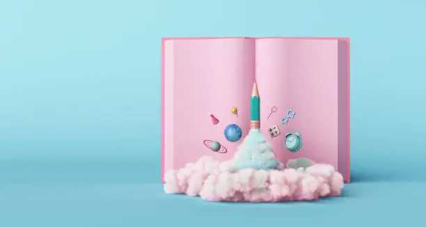 Photo of book kid imagine creative clock time universe globe saturn stars rocket sky clouds smoke connected world technology pink pastel.