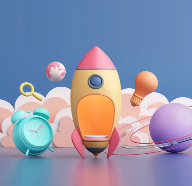 Photo of imagination creative spaceship take off cute cloud kid galaxy space display podium product startup school online learn education.