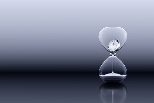 Hourglass with clock inside past present future Is dissolving into liquid Flow down when the time is running out. lifetime flowing abstract concept. Copy space. 3D Illustration.