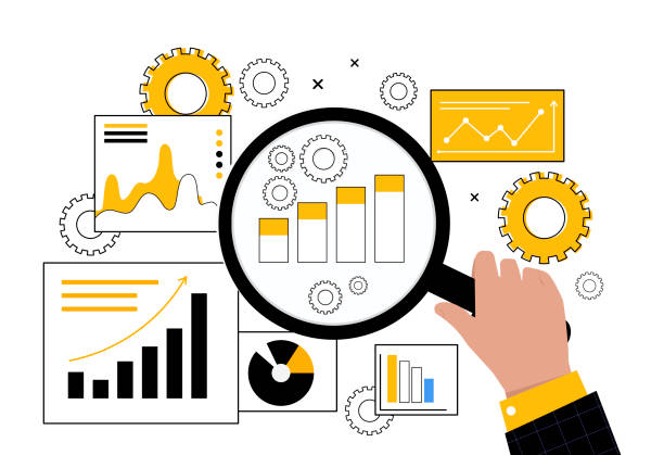 Analysis of graphs and charts Analysis of graphs and charts. Character with magnifying glass collects information. Evaluation of companys performance, worker of analytical department at workplace. Cartoon flat vector illustration search engine stock illustrations