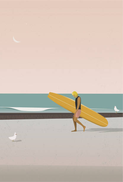 longboard-surfer beim spazierengehen am strand - sea passage audio stock-grafiken, -clipart, -cartoons und -symbole
