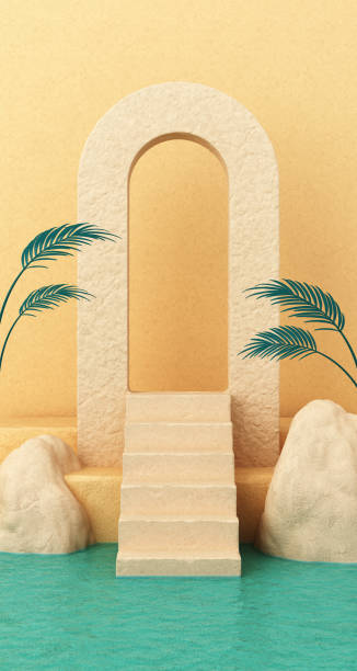 plattform podium bogen farnbaum blatt palme dekoration produkt display stand kosmetik, mode. teichwasser rockt sandstein. - steps staircase water doorway stock-fotos und bilder