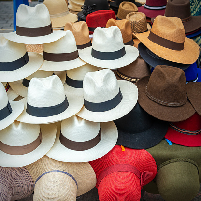 Panama hats on market stall of Otavalo, Ecuador.