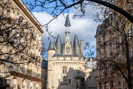 Chambord, France -May 26, 2014 - The roof top and various chimneys of  Chambord Palace. Built as a hunting lodge for King Francois I, between 1519 and 1539. For scale, note the size of visitors along the roofline.