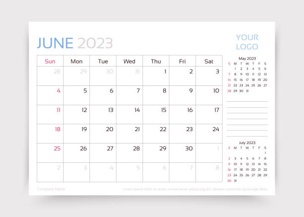 ilustrações de stock, clip art, desenhos animados e ícones de calendar for june 2023 year. desk monthly planner template. vector illustration. - june