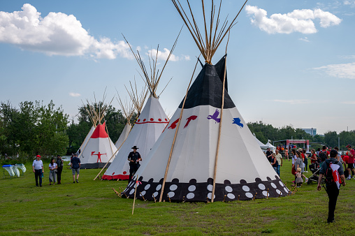 Calgary, Alberta - July 1, 2022: Indigenous culture at Canada Day celebrations in the city of Calgary.