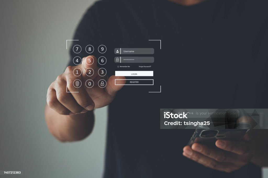 Concept of cyber security in two-step verification, multi-factor authentication, information security, encryption, secure access to user's personal information, secure Internet access, cybersecurity. Digital Authentication Stock Photo