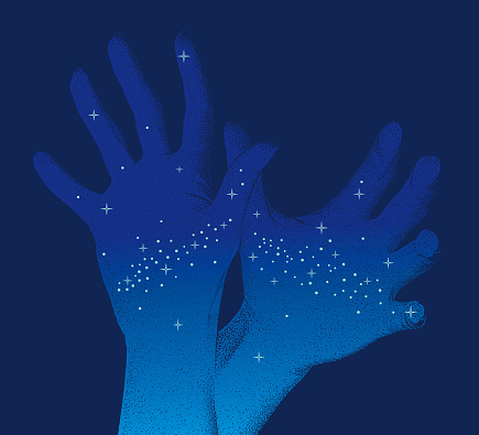 Stipple illustration of Hands reaching for the stars