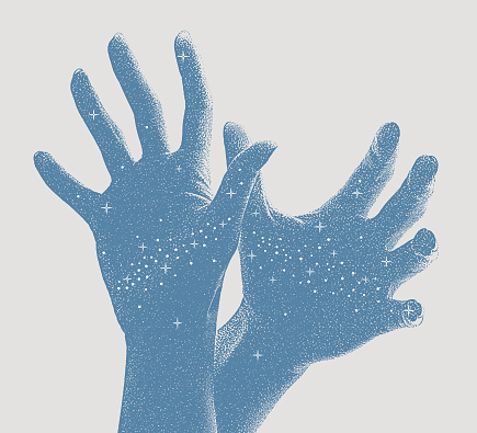Stipple illustration of Hands reaching for the stars