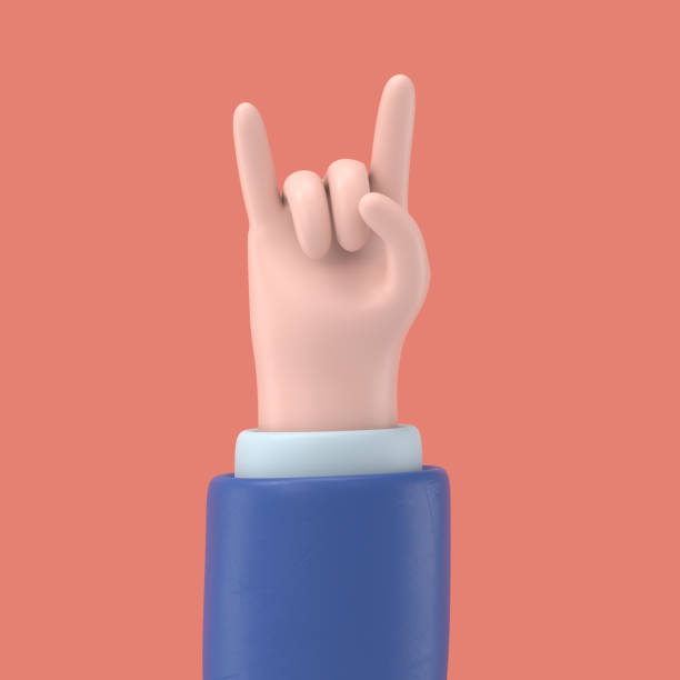 3d рендер. мультяшный персонаж качает руку на жесте. бизнес-клипарт изолирован на оранжевом фоне. концепция музыки или протеста - platform rocker стоковые фото и изображения