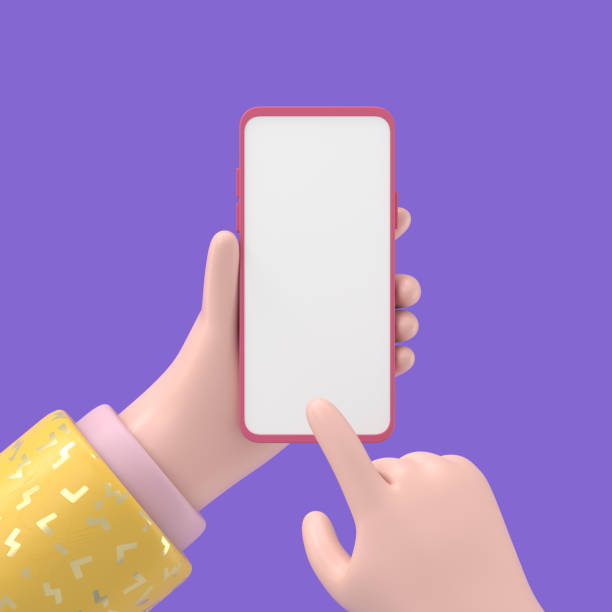 istock 3d render. Hands hold blank smart phone icon. Cartoon character with mobile device. Business clip art isolated on purple background. 1407217533