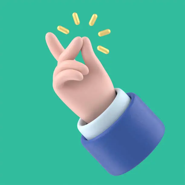 Photo of Cartoon hand with dark blue sleeves showing snap gesture with a gold sound, light skin tone, isolated on green background, 3D rendering