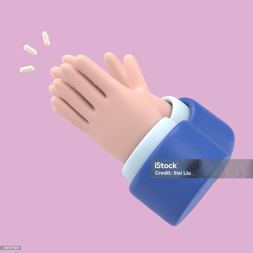 Cartoon character hands clapping or applause with loud noise. Business clip art isolated on pink background. Performance 3d illustration. Stereoscopic Image Stock Photo