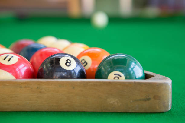 istock Selective focus of Colorful pool balls on green pool table 1407218430