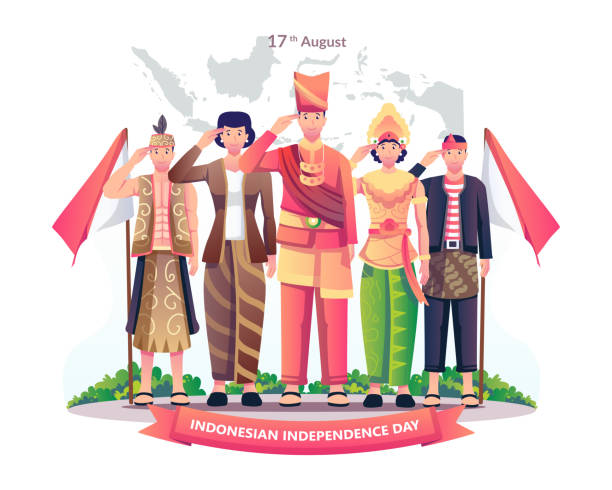 다른 전통 의상을 입은 사람들이 8 월 17 일 인도네시아의 독립 기념일을 정중하게 축하합니다. 평면 스타일의 벡터 일러스트 레이 션 - 인도네시아 문화 stock illustrations