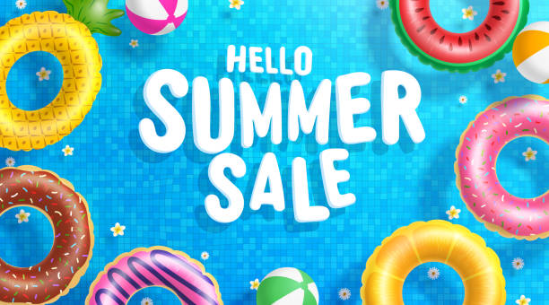 istock Summer Sale poster and banner template with Colorful Float on water in the tiled pool Background. Sale banner Design for Summer in flat lay styling. Promotion and shopping template for Summer and pool 1407222927