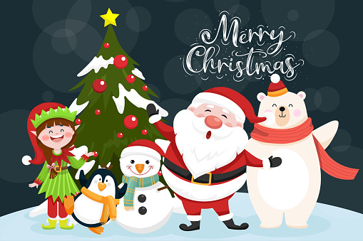 Christmas scenes Santa claus, penguin, elf, bear, snowman, christmas tree. Merry Christmas cutout element Holiday cards, invitations and website celebration decoration. Flat vector illustration