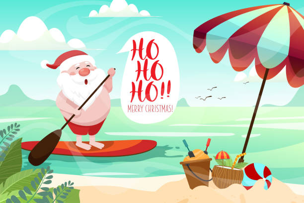 Santa Claus rowing on surf board against tropical ocean background. Santa Claus rowing on surf board against tropical ocean background. warm climate holiday vacation theme. Banner vector illustration summer, vacation, scene for posters, greeting cards. tropical clipart stock illustrations