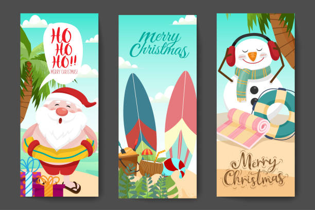 Merry Christmas and New Year background banner. Santa claus, snowman on the beach banner. Merry Christmas and New Year background banner. Santa claus, snowman on the beach banner. Artwork for Greeting card, banner, poster, invitations, website and sale promotion. Vector flat design tropical clipart stock illustrations