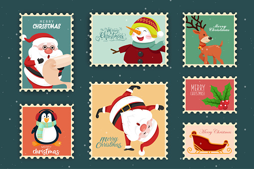 Beautiful stamp collection with merry christmas object vintage style such as santa claus, snowman, penquin and berry, cartoon character, flat design, vector illustration